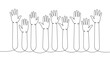 Hands up one line continuous drawing. Public opinion, user feedback continuous one line illustration. Vector minimalist linear illustration.