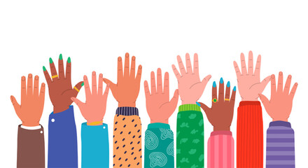 Wall Mural - Hands raised up. Multi-ethnic and diverse hands raised up. Human arms with accessories rising together. Teamwork, collaboration, volunteering.