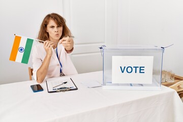 Wall Mural - Beautiful caucasian woman at political campaign election holding india flag pointing with finger to the camera and to you, confident gesture looking serious