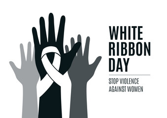 Wall Mural - White Ribbon Day Poster with violence awareness symbol vector. Human hands up and white awareness ribbon vector. Stop violence against women design element. Important day