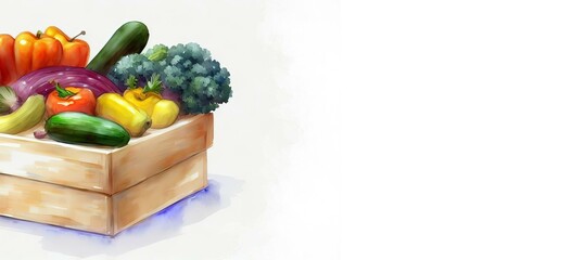 Wall Mural - A Wooden Box Filled With Lots Of Different Types Of Vegetables, Sensational Healthy Living Background Backdrop Wallpaper. Abstract Concept.