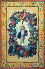 Wall Mural - ENTREVES, ITALY - JUNY 12, 2022: The symbolic traditional painting little Jesus among the flowers in the church Santa Margherita by unknown artist.