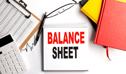 Poster - BALANCE SHEET text on notebook with clipboard and calculator on white background