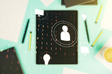 Poster - Social network media concept and modern digital tablet on desktop on background, top view. Double exposure