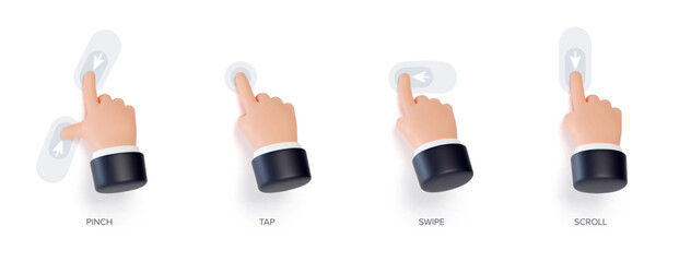 Wall Mural - hand touchscreen gestures. vector 3d hands actions icons on touch screens like swipe, scroll, pinch,