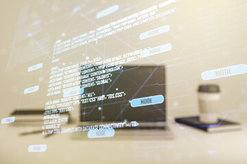 Aufkleber - Multi exposure of abstract software development hologram on laptop background, research and analytics concept