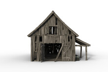 3D Illustration Of A Decrepit Old Wooden Barn Viewed Through Open Doors Isolated On A Transparent Background.