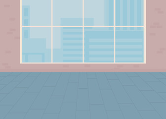 Poster - Studio with panoramic window in city flat color vector illustration. Spacious office for rent. Contemporary real estate. Fully editable 2D simple cartoon interior with cityscape on background