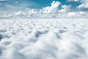 Wall Mural - white fluffy clouds in sky horizon, creative background. 3D illustration, 3D render.