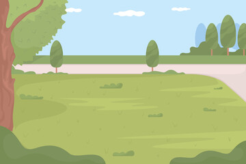 Poster - Empty summer park flat color vector illustration. Lawn in urban garden. Public place for walking and recreation. Fully editable 2D simple cartoon landscape with blue sky on background