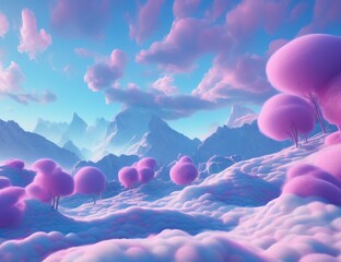 Magic fairytale Winter landscape with snow, mountains, pink fluffy clouds  and fir trees against blue sky. Bright christmas wallpaper. 3D render.