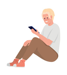 Poster - Young man with smartphone semi flat color vector character. Mobile connection. Editable figure. Full body person on white. Simple cartoon style illustration for web graphic design and animation