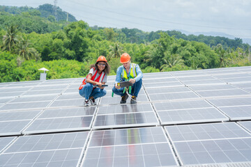 Poster - Electrical and instrument technician installation and maintenance electric system solar panel on the roof of factory,Service check installation solar cell.