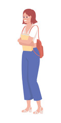 Poster - Positive student with book semi flat color vector character. Education process. Editable figure. Full body person on white. Simple cartoon style illustration for web graphic design and animation