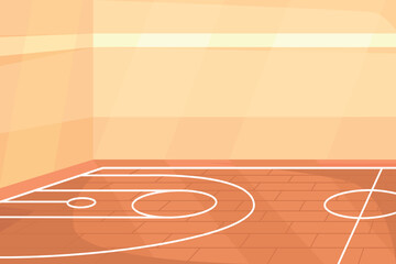 Poster - Empty basketball court in gym flat color vector illustration. Field for sports game. Athletic activity in school. Fully editable 2D simple cartoon interior with gymnasium on background