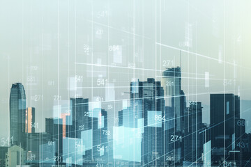 Poster - Double exposure of abstract creative statistics data hologram on Los Angeles office buildings background, analytics and forecasting concept