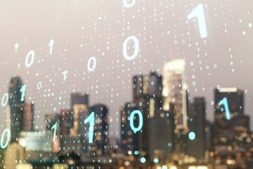 Aufkleber - Double exposure of abstract virtual binary code hologram on blurry cityscape background. Database and programming concept