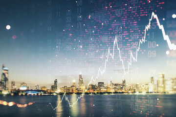 Poster - Multi exposure of virtual abstract financial chart hologram and world map on Chicago skyscrapers background, research and analytics concept