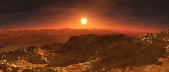 Wall Mural - Martian landscape, sunset on Mars, Mars at sunrise, panorama of Mars, the face of Mars, 3D rendering