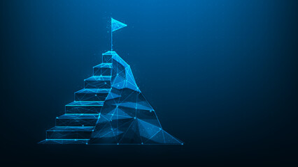 Wall Mural - business stair mountain goal achievement digital on blue dark background. staircase step to target success. Strategy for working to successful. flag on peak. vector illustration digital fantastic.