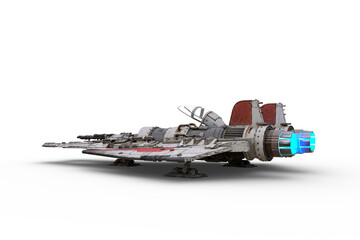 Poster - Rear perspective 3D rendering of a science fiction fantasy fighter jet powered space ship parked on the ground isolated on a transparent background.