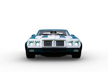 Poster - Front view 3D rendering of a blue and white retro American muscle car isolated on a transparent background.