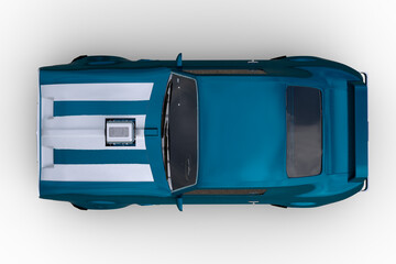 Poster - Overhead view 3D rendering of a blue and white 1970s vintage American muscle car isolated on a transparent background.