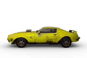 Poster - 3D rendering of an old yellow retro American muscle car isolated on a transparent background.