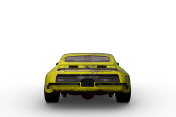 Poster - Back view 3D rendering of a yellow vintage American muscle car isolated on a transparent background.