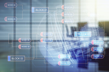 Poster - Abstract virtual coding concept and world map hologram on a modern conference room background. Multiexposure