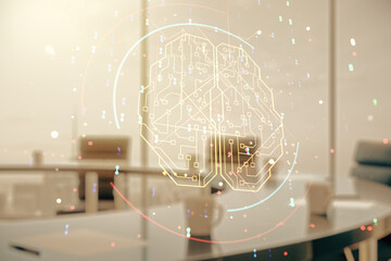 Poster - Virtual creative artificial Intelligence hologram with human brain sketch on a modern coworking room background. Double exposure