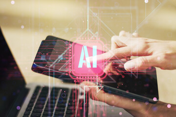 Poster - Creative artificial Intelligence symbol concept with finger presses on a digital tablet on background. Double exposure