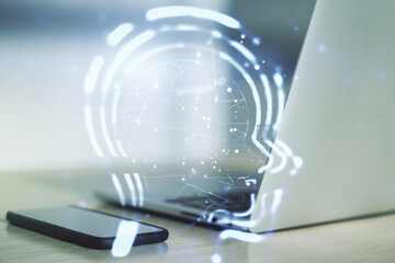 Poster - Creative artificial Intelligence concept with human head hologram on modern laptop background. Multiexposure