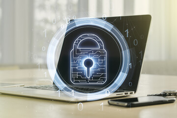 Poster - Creative idea concept with lock symbol and microcircuit illustration on modern laptop background. Protection and firewall concept. Multiexposure