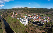 Czech Republic, South Bohemian Region,RozmberknadVltavou, Drone View OfRozmberkCastle And Surrounding Town In Autumn