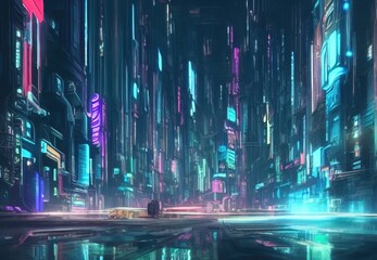 Wall Mural - Cyberpunk 3D illustration of abstract futuristic cityscape. City of the future at bright multicolored neon night. Neon Haze. Night urban landscape.