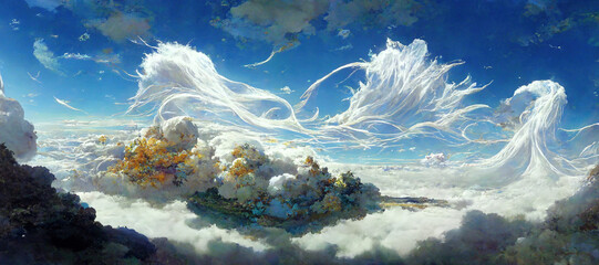 Wall Mural - Beautiful Landscape above sky At paradis with Whirlwind cloud Atmosphere. Fantasy Art Background Illustration. For Game, Novel, Web Design.