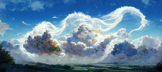 Wall Mural - Beautiful Landscape above sky At paradis with Whirlwind cloud Atmosphere. Fantasy Art Background Illustration. For Game, Novel, Web Design.