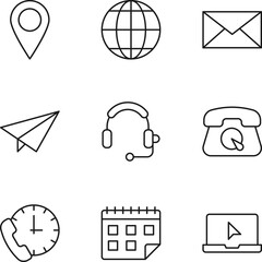 Collection of isolated vector line icons for web sites, adverts, articles, stores, shops. Editable strokes. Signs of geotag, globe, envelop, post, headphone, contact us, calendar