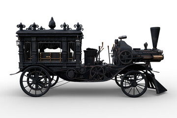 Poster - Side view 3D rendering of a Steampunk Halloween concept steam powered hearse isolated on a transparent background.