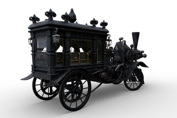 Poster - Rear perspective view 3D rendering of a Steampunk Halloween concept steam powered hearse isolated on a transparent background.