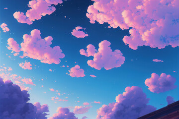 Wall Mural - Sky Panorama Evening with Relaxing Clouds. Japanese Anime Style Beautiful Atmosphere Background.