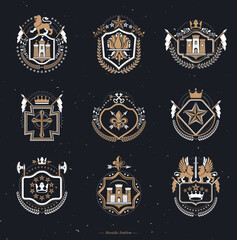 Wall Mural - Set of vector vintage elements, heraldry labels stylized in retro design. Symbolic illustrations collection composed with medieval strongholds, monarch crowns, crosses and armory.