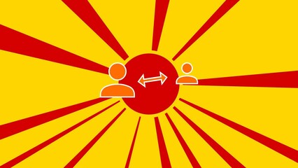 Poster - Social distance symbol on the background of animation from moving rays of the sun. Large orange symbol increases slightly. Seamless looped 4k animation on yellow background