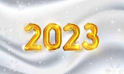 Poster - 2023 happy new year on winter snow background. Winter 2023 year numbers, letters. Golden 3D numbers in the snow. Frozen Xmas and Happy New Year 2023 Greetings card, banner. Vector illustration EPS10.