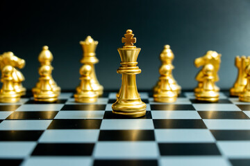 Wall Mural - Gold king chess piece stand with other chess piece on black background (Concept of teamwork, management)