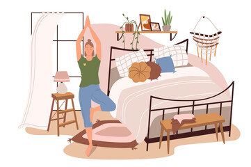 Fototapete - modern comfortable interior of bedroom web concept. woman doing yoga asana in room with bed, pillows