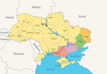  administrative map of Ukraine with colored 4 ukrainian areas - Kherson, Zaporizhzhia, Donetsk and Luhansk regions. Vector illustration