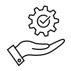 Cog with check mark on hand line icon in flat. Successful process symbol on white. Success sign with cog on hand. Execution, progress, development icon in black Vector illustration for Web, UI, app.