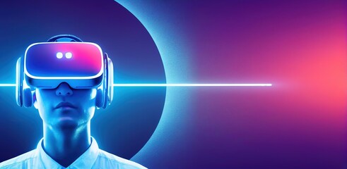 Aufkleber - Guy wearing glowing virtual reality headset on red background. Digital technology connecting to cyberspace. Enjoying AR 3d rendering